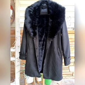 BELLIVERA Black Suede Like Trench Coat With Faux Fur Collar & Lining_Med